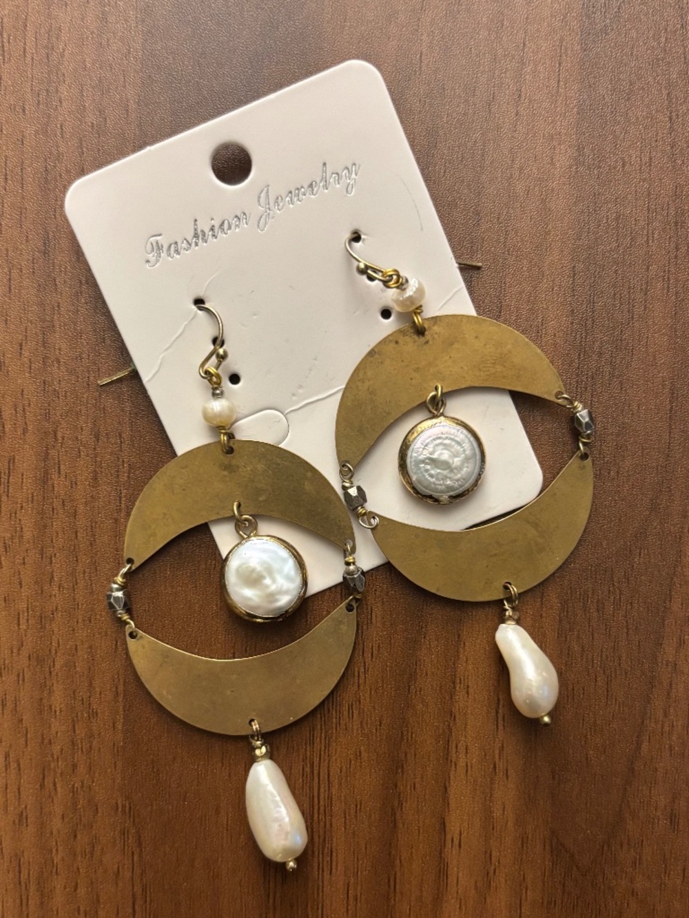 Free People Pearl Drop Hoop Earrings Brass Tone Boho Bridal